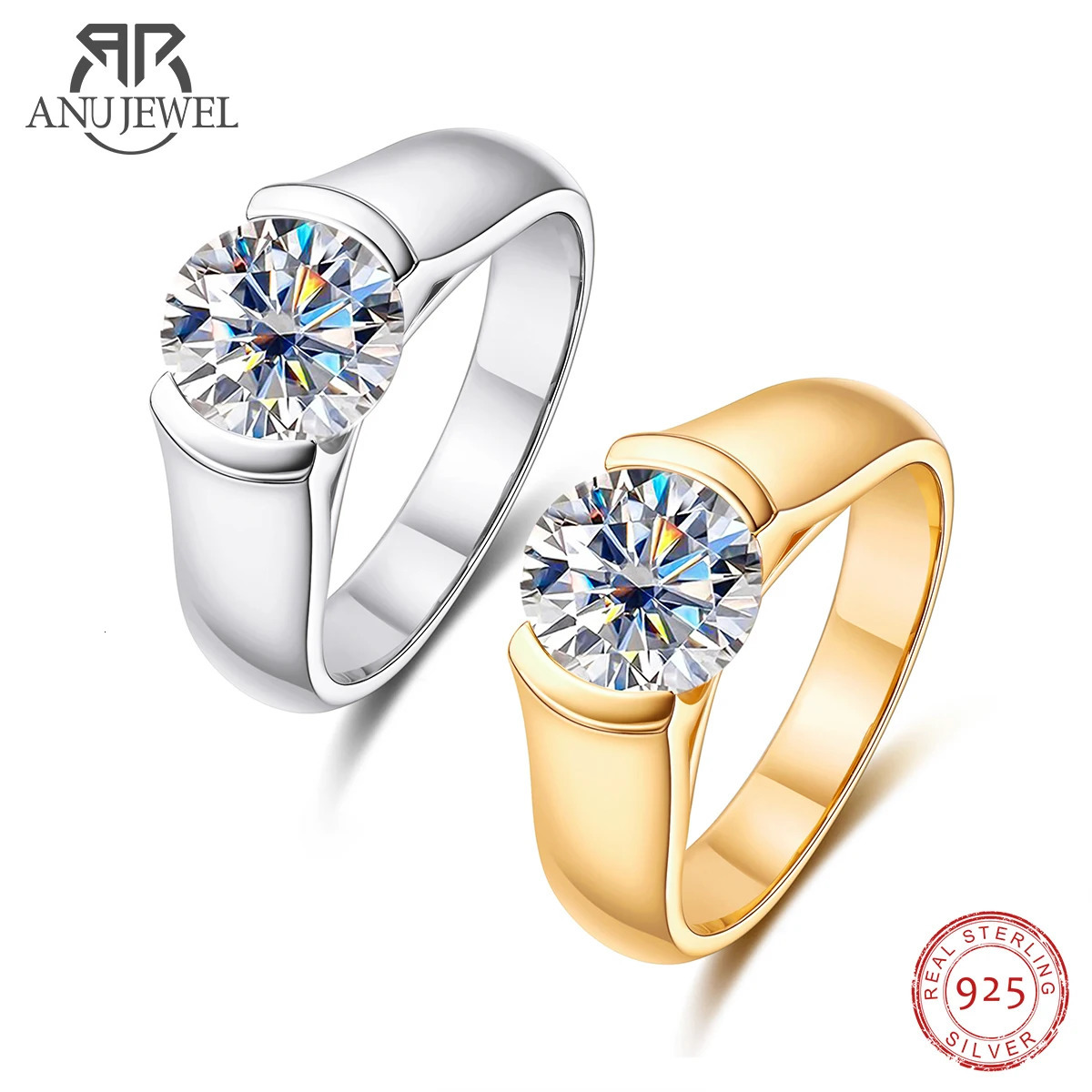Wedding Rings AnuJewel 2ct D Color Diamond 18K Yellow Gold Plated Solitaire Woman Ring Man Ring Jewelry Wholesale 231208