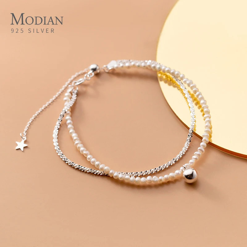 Beaded Modian 100% 925 Sterling Silver Double Layer Natural Pearls Adjustable Chain Bracelets For Women Fine Jewelry 231208