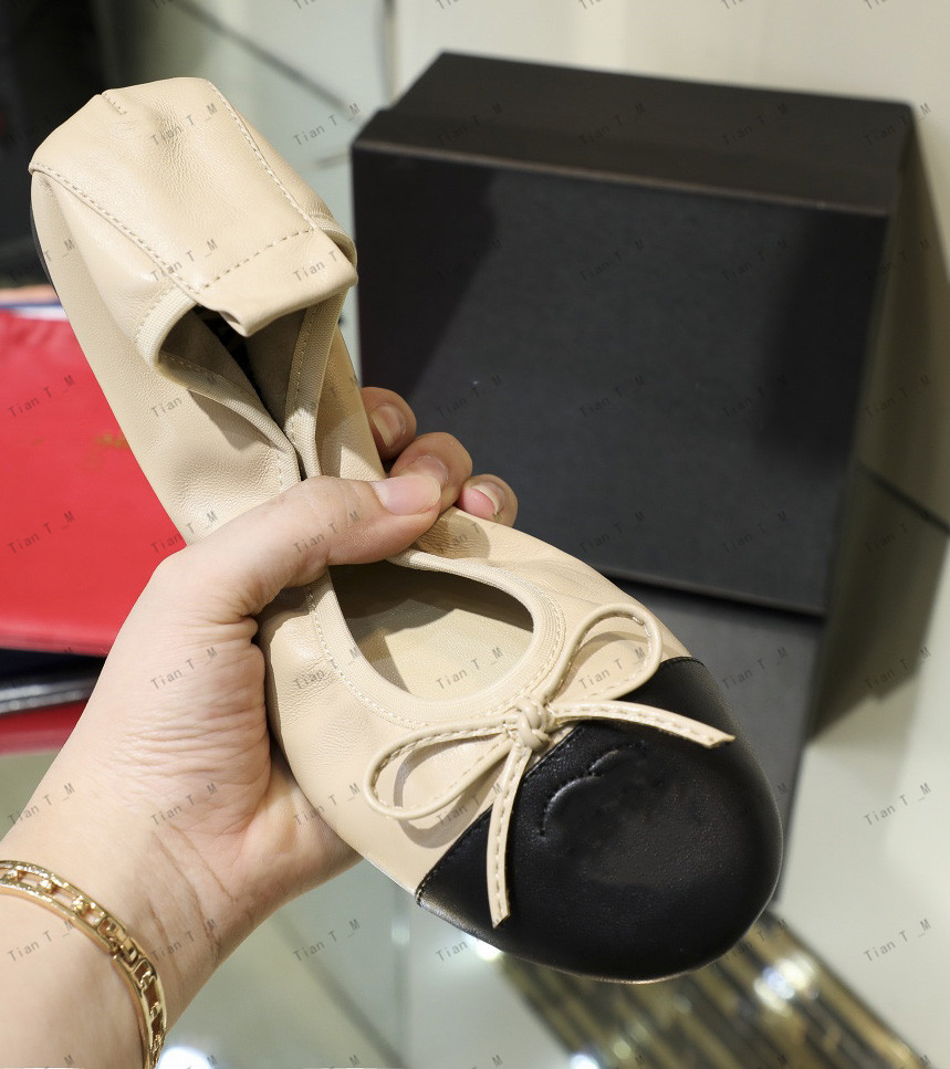 Top Quality Sexy brand Designer Luxury Bow tie Ballet Women Genuine Leather Soft Foldable Sweet Camellia Flats Elegant Office Lady Work dance Sho-image-927219791