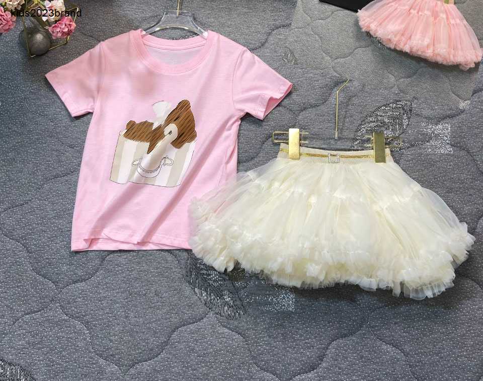 New baby Tracksuits summer kids designer clothes Size 90-140 Cartoon print Short sleeved girl T-shirt and lace skirt Dec05-image-927548436