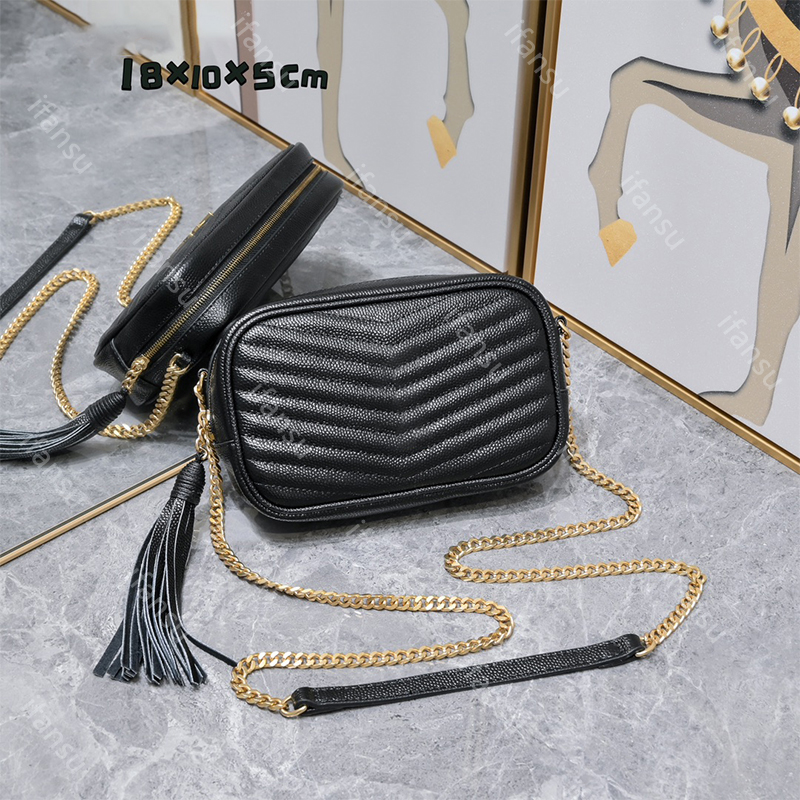 Lou Mini Bag Camera Bag Women's Fashion Versatile Leather Shoulder Bag Travel Portable Chain Crossbody Bag Tassel Decoration Black-image-928222966