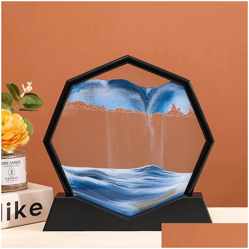 Wall Stickers 3D Quicksand Decor Painting Round Glass Moving Sand Picture Art In Motion Display Flowing Frame Desktop Livingroom Drop Dhhcm