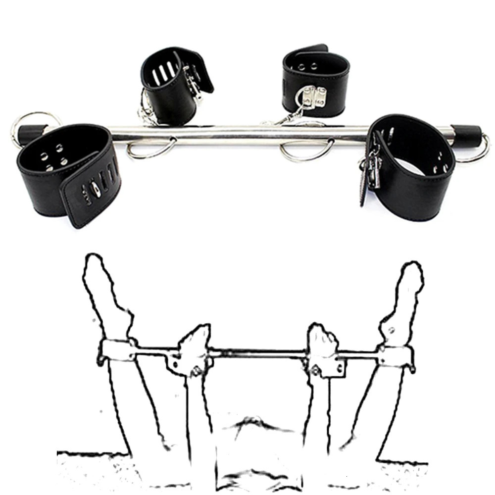 Jouets pour adultes BDSM Bondage Menottes réglables Poignets de cheville avec épandeur en acier inoxydable Jambes ouvertes Ensemble en cuir PU po