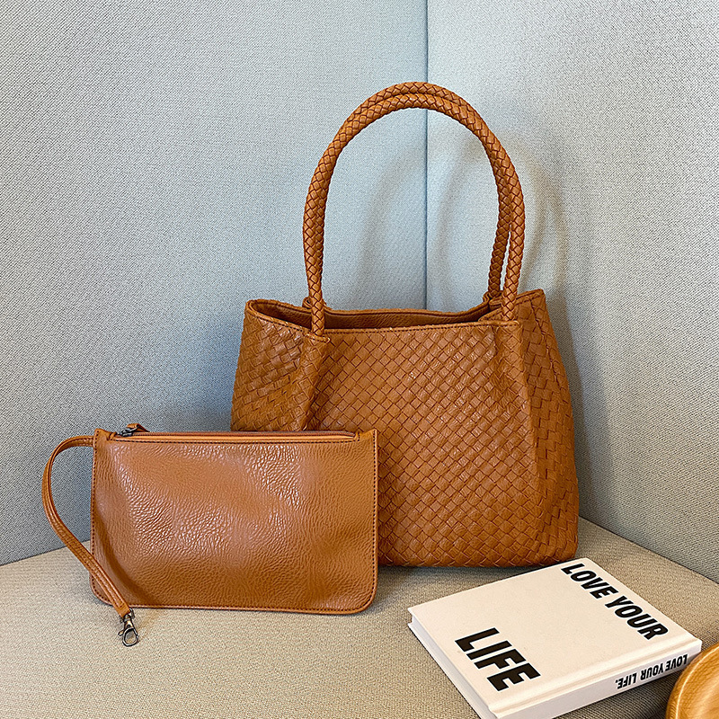 Factory wholesale women shoulder bags 5 colors classic vintage woven tote bag two piece padded leather handbag this year's popular wovens ba-image-697190153