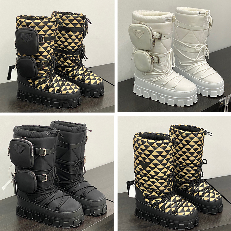Bottes de neige de luxe de qualité supérieure Bottes de ski en nylon Gabardine Femmes Plate-forme Hiver Chaud Bottillons Fourrure Triangulaire Mé