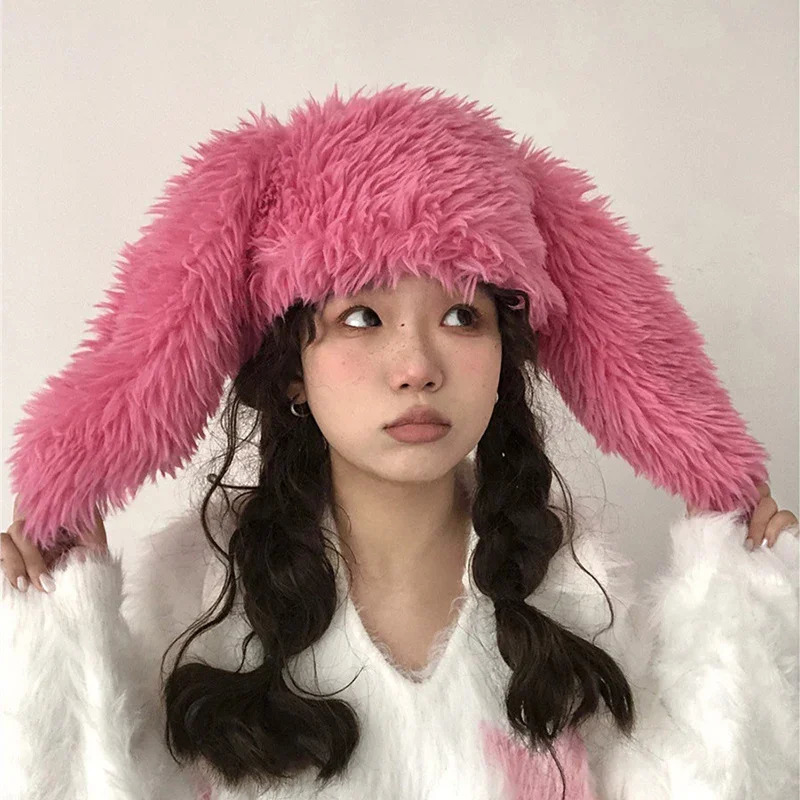 Trapper Hats Cute Long Eared Rabbit Ears Sweet Kawaii Lolita Fur Plush Ear Protector Women Winter Warm Thickened Cap Bomber 231219