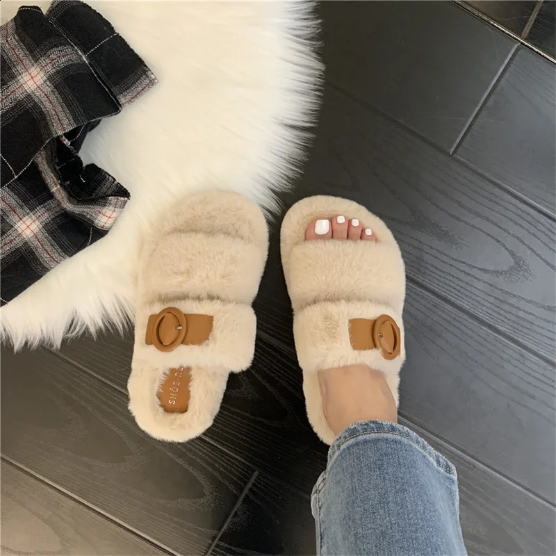 Slippers Autumn and winter mink hair rabbit hair cashmere fashion slippers Belt buckle women wear warm thick soled flat woolen shoes 231219