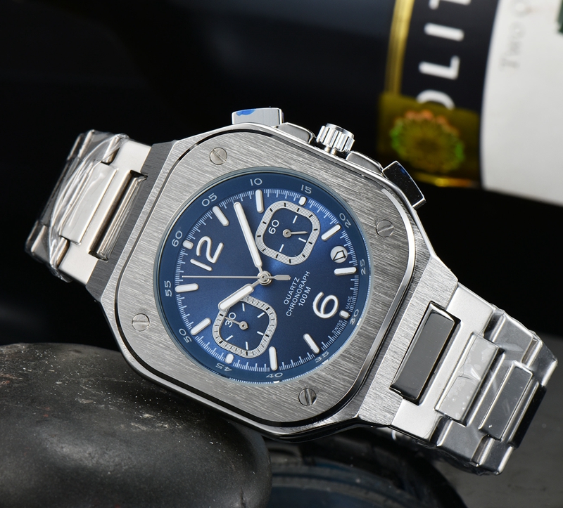 Bell Wrist Watches for Men 2023 Mens Watches Five needles All dials work Quartz Watch High Quality Top Luxury Brand Chronograph Clock Steel Strap-image-930090835