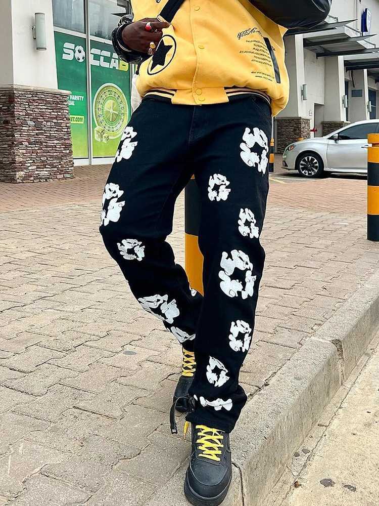 Men's Jeans Black Printed Jeans For Men'S Y2k Fashionable Loose Fitting Wide Leg Offset Casual Pants Large Hip-Hop Men'S Pants Z26-image-930472738