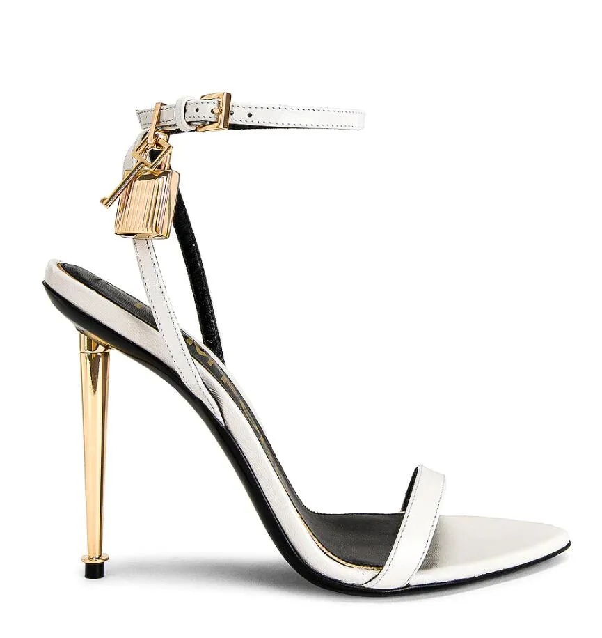 22s Woman Sandal Queen shoes TOM-heel Padlock Metallic Leather Sandals pointed toe naked sandals luxury designer high heeled 35-43