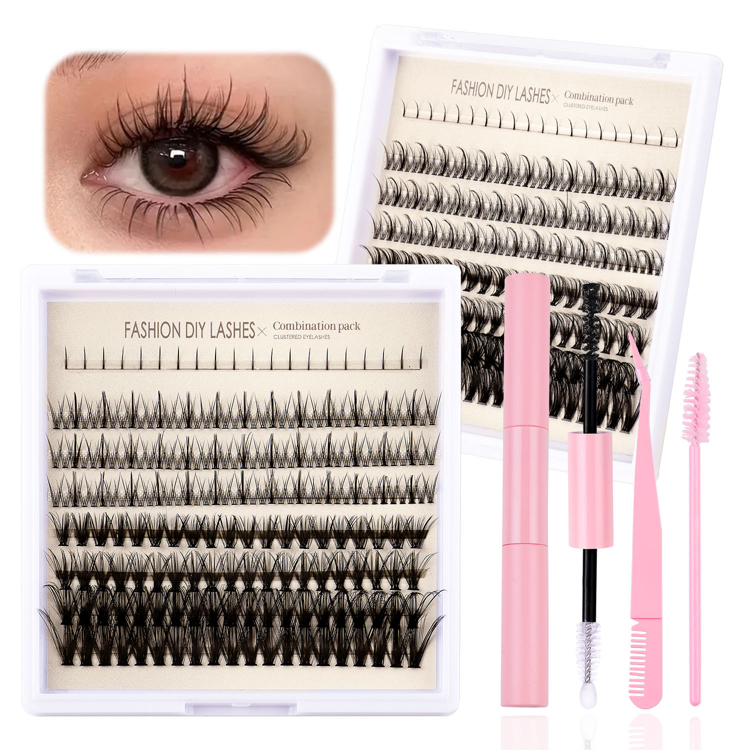 Thick Natural 220 Clusters DIY Segmented Eyelashes with Lash Bond & Seal Tweezer Lash Brush Handmade Reusable Crafted Lashes Extensions-image-930345665