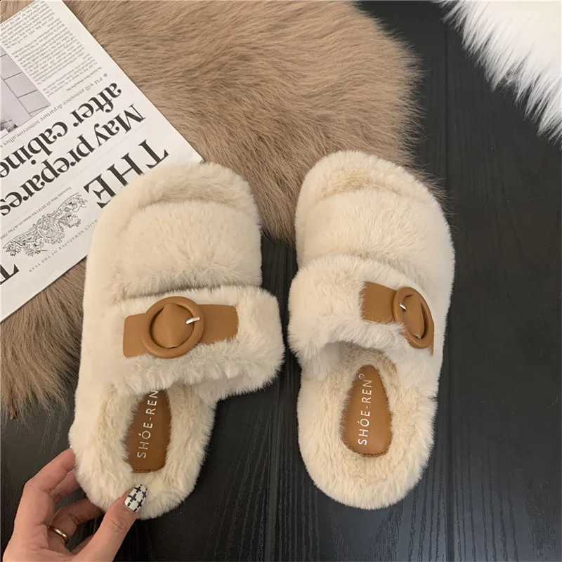 Slippers Autumn and winter mink hair rabbit hair cashmere fashion slippers Belt buckle women wear warm thick soled flat woolen shoes 231219