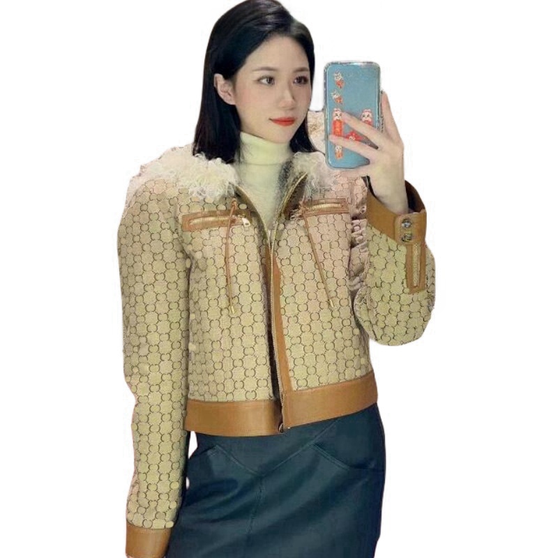 Khaki splicing lamb wool coat female winter thick senior feeling warm coats-image-930566562