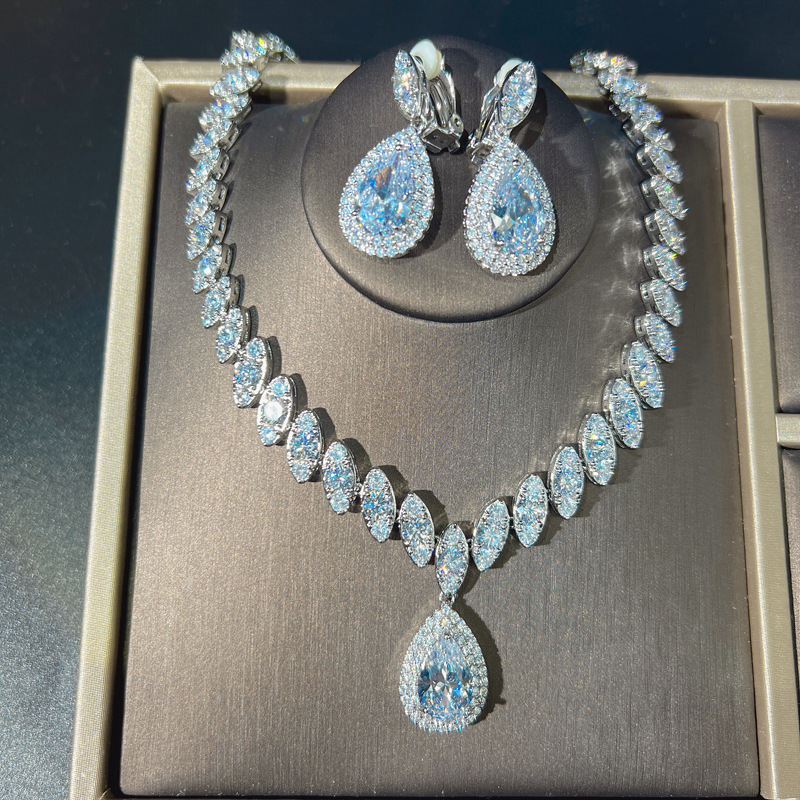 Water Drop Lab Diamond Jewelry set 14K White Gold Engagement Wedding Earrings Necklace For Women Bridal Promise Gift-image-930451271