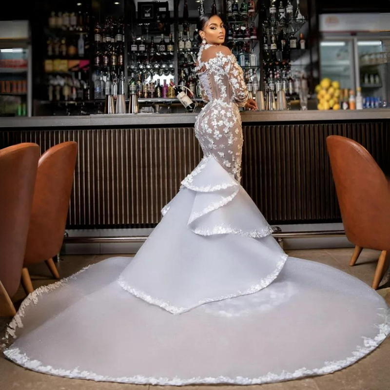 Plus Size Aso Ebi Wedding Dresses Mermaid Elegant Long Sleeves Sheer Neck Lace Beaded Bridal Dress for African Black Women with Detachable Train Bridal Gowns CDW061