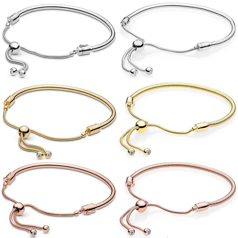 Bangle Original Rose Gold Silver Moments Sliding Clasp Adjust Bracelet Fit Bangle 925 Sterling Silver Charm Jewelry 231222