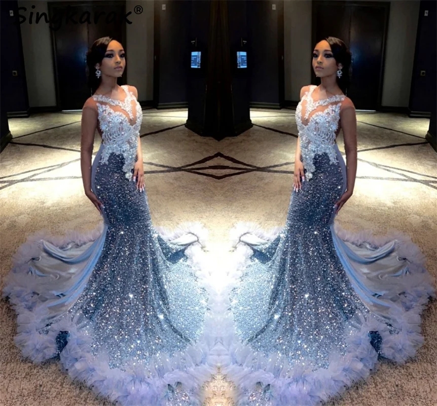 Longues robes de bal de diamant Sier Diamond 2024 pour les filles noires, Robe de fête à volants cristallines scintillants