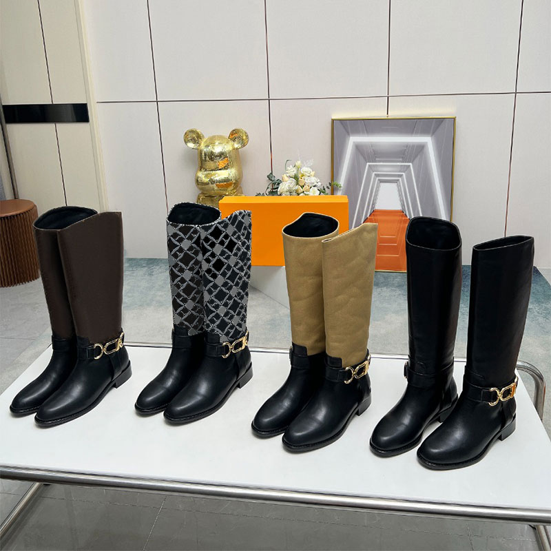 Designer Knee Ankle Boot Classical Brown Print Long Boots Fashion Winter Leather Straight leg BootsThick soled Coarse Heel Women Shoes