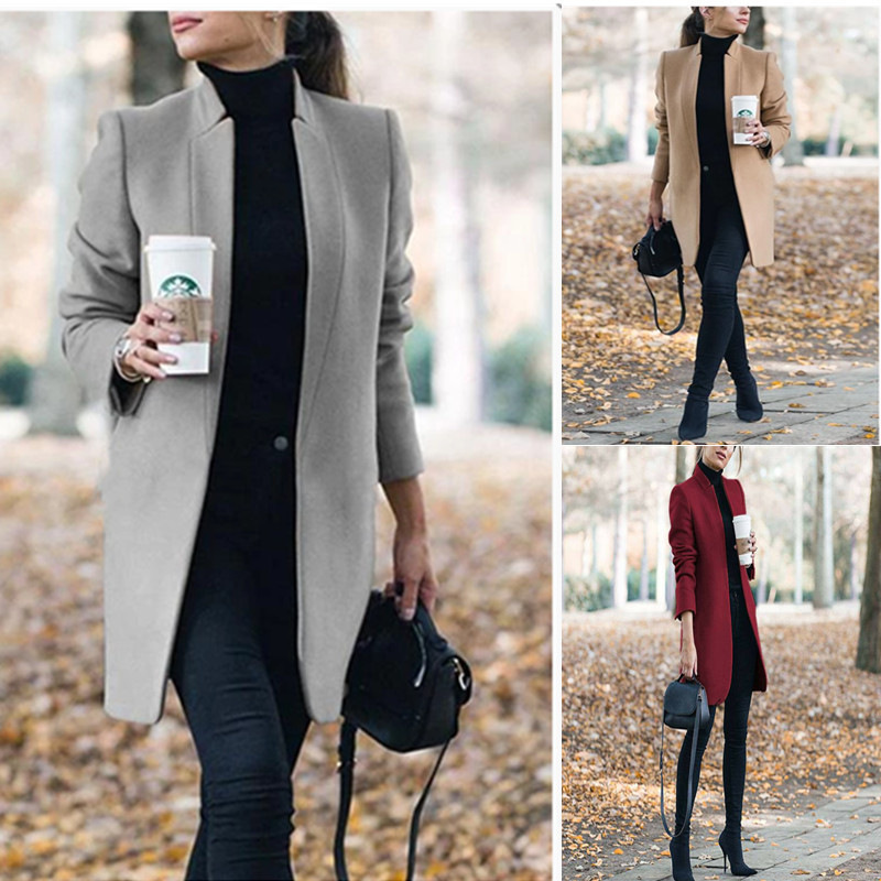 Trenchs de femmes manteaux d'hiver kaki manteau pour femmes large revers poche tissu de laine polyester mélange de laine surdimensionné long vête