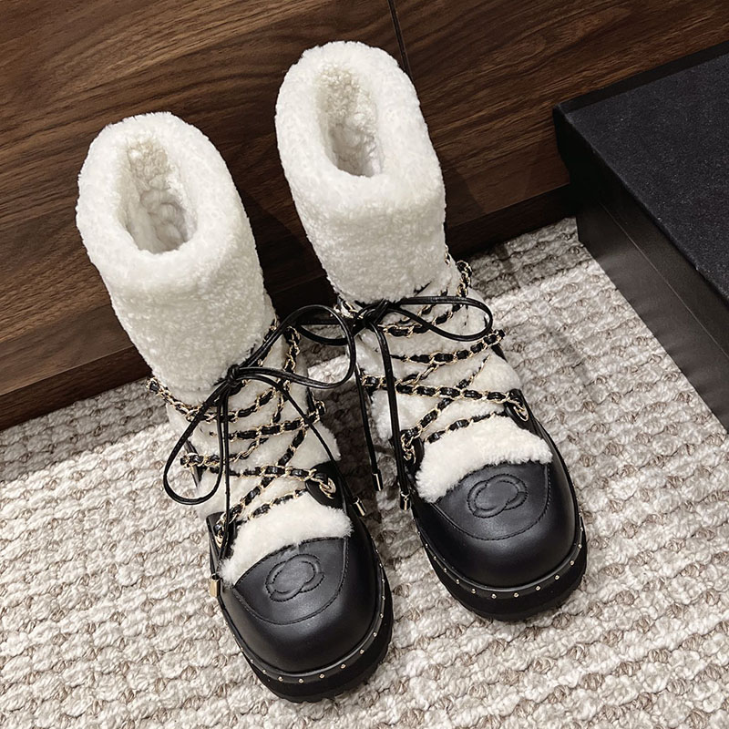 Bottes de neige pour femmes, chaussures de créateurs de luxe, bottines en fourrure, demi-bottes en cuir de veau noir, chaussures à lacets à talon