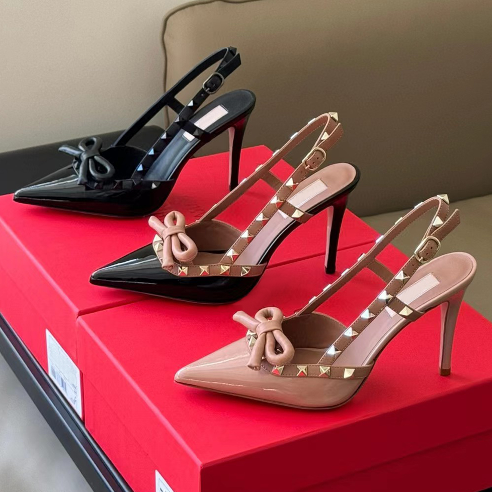 Brand Pumps Women Bowtie High Heels Pointed Shoes Classics Metal V-buckle Nude Black Red Patent Leather Lace-up heels 7cm 10cm Thin Heel Slingbac-image-933682059