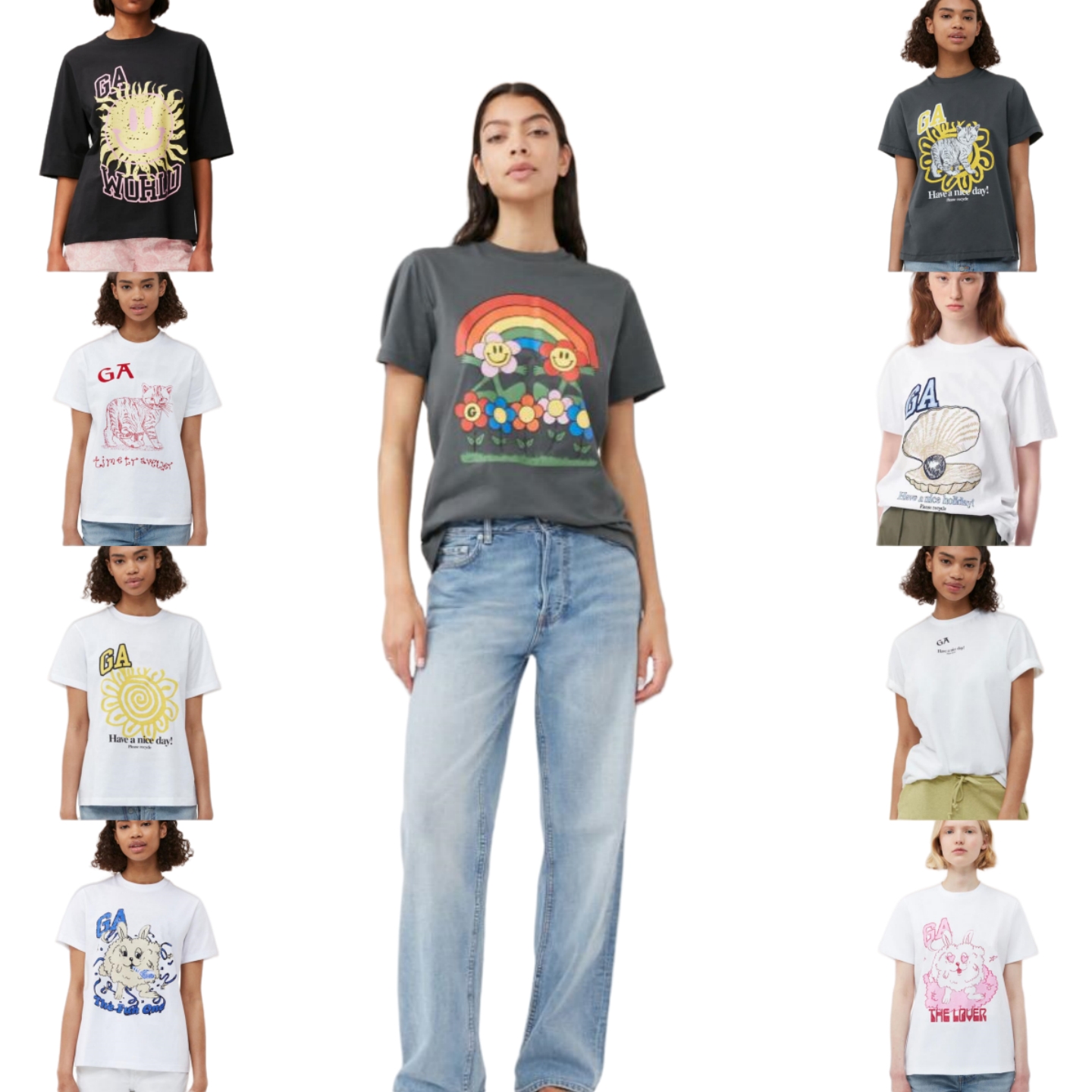 Designer Women T shirt 2023ss Ganni Beach Tees Versatile Smiling Little Rabbit Face Print Casual Loose Pullover Short Sleeve T-shirt clothing