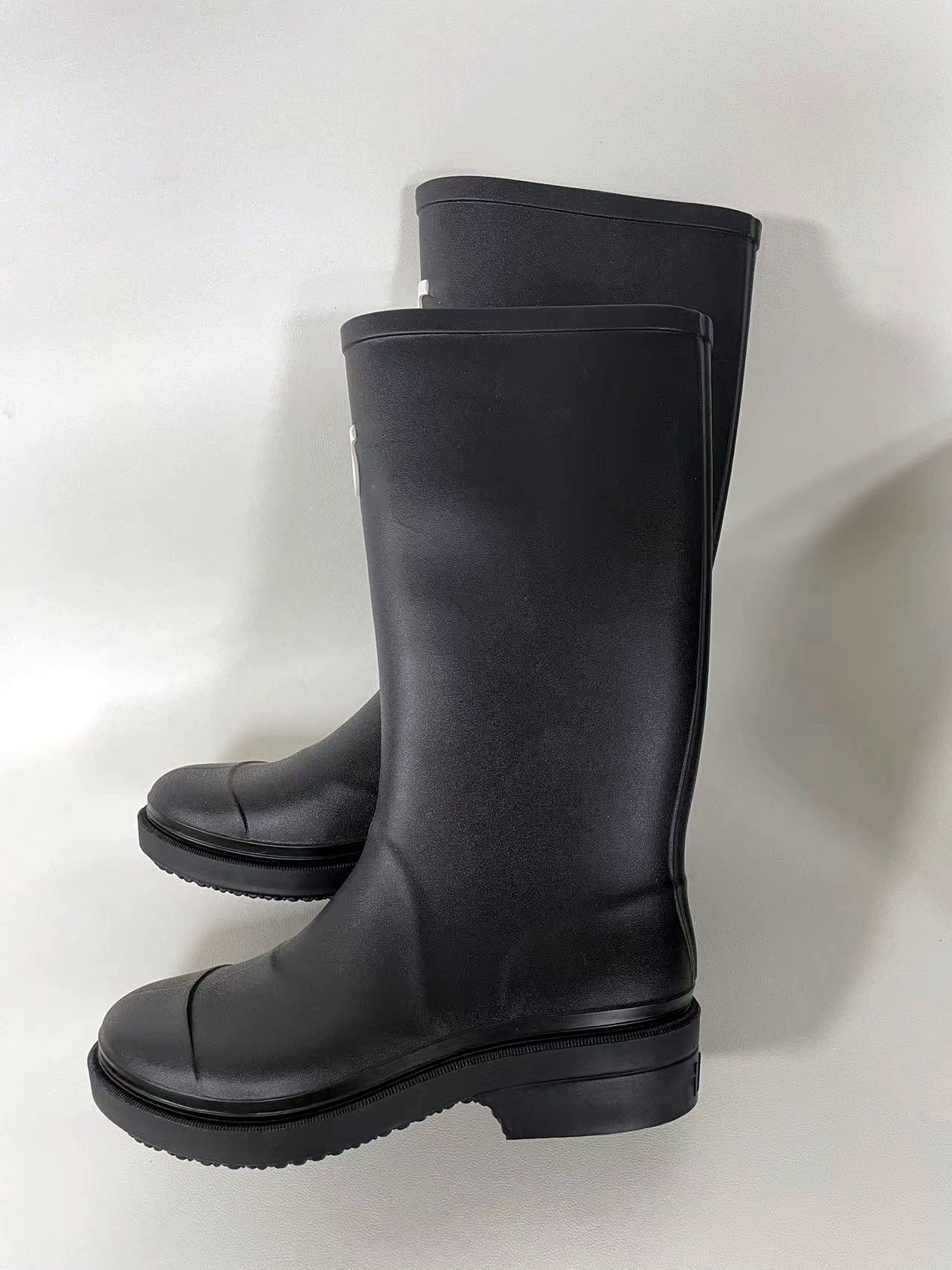 Women's Rain Boots Black Fashion Designer Thick Sole Boots Knee High Rubber Knight Boots 19247 19993-image-934337186