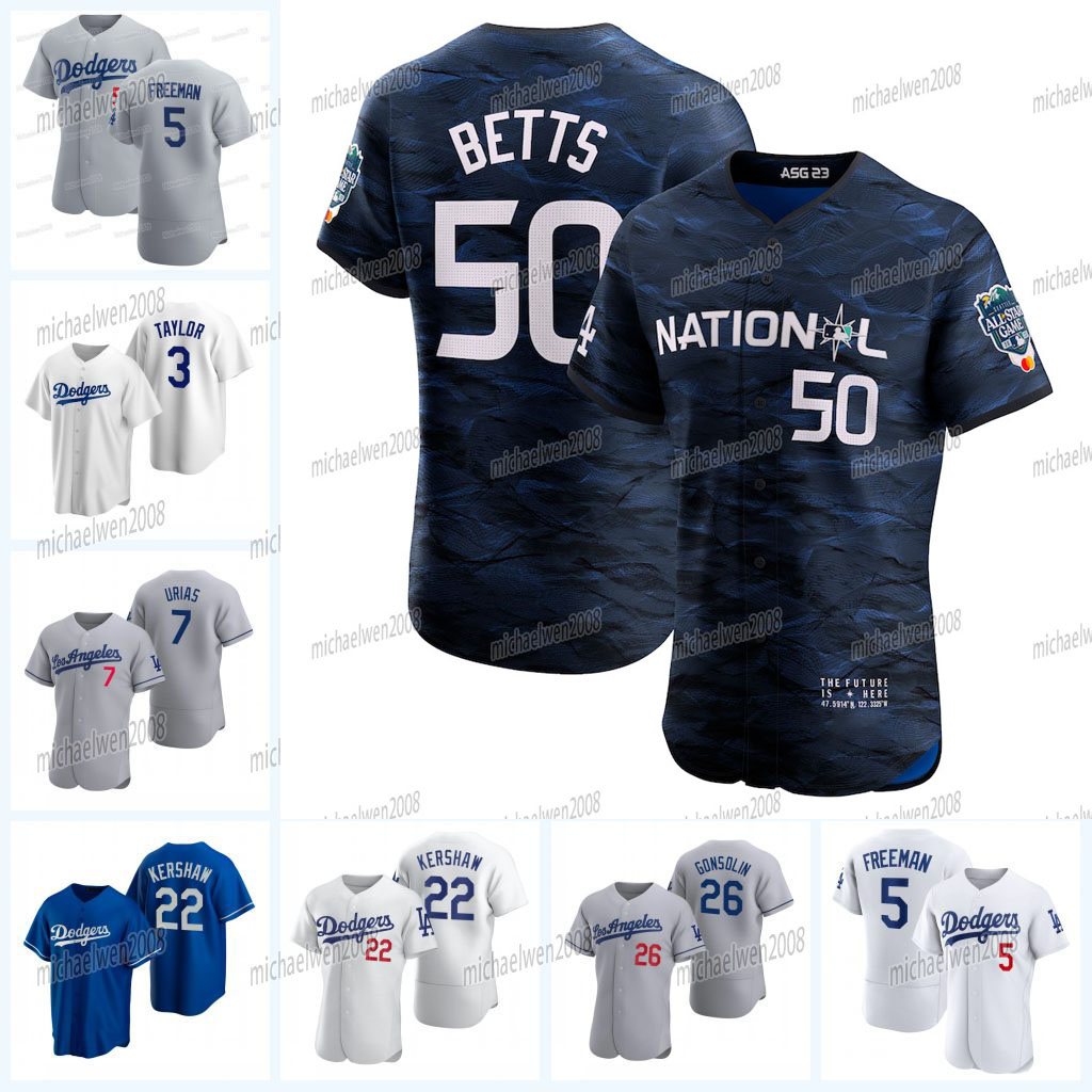 

50 Mookie Betts Dodgers 2023 All Star Jersey Bobby Miller Outman Chris Taylor Miguel Rojas Gavin Lux Max Muncy Freddie Freeman Julio Urias Clayton Kershaw Gonsolin, Men cool base