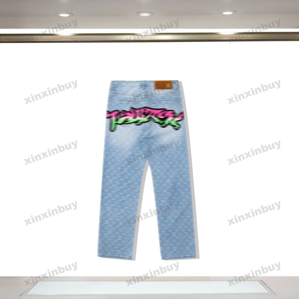 

xinxinbuy Men women designer pant Paris Graffiti toothbrush jacquard Letter Printing Washed Jeans denim Casual pants blue black M-2XL