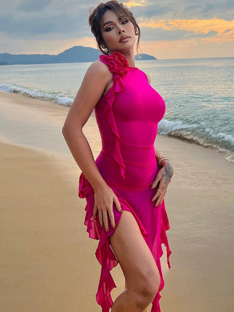 Basic Casual Dresses Y2K Ruffles Fairy Dress Women Sexy Mesh See Through Mini Bodycon Dress Summer Rose Red Irregular Beach Party Club Outfits 23063