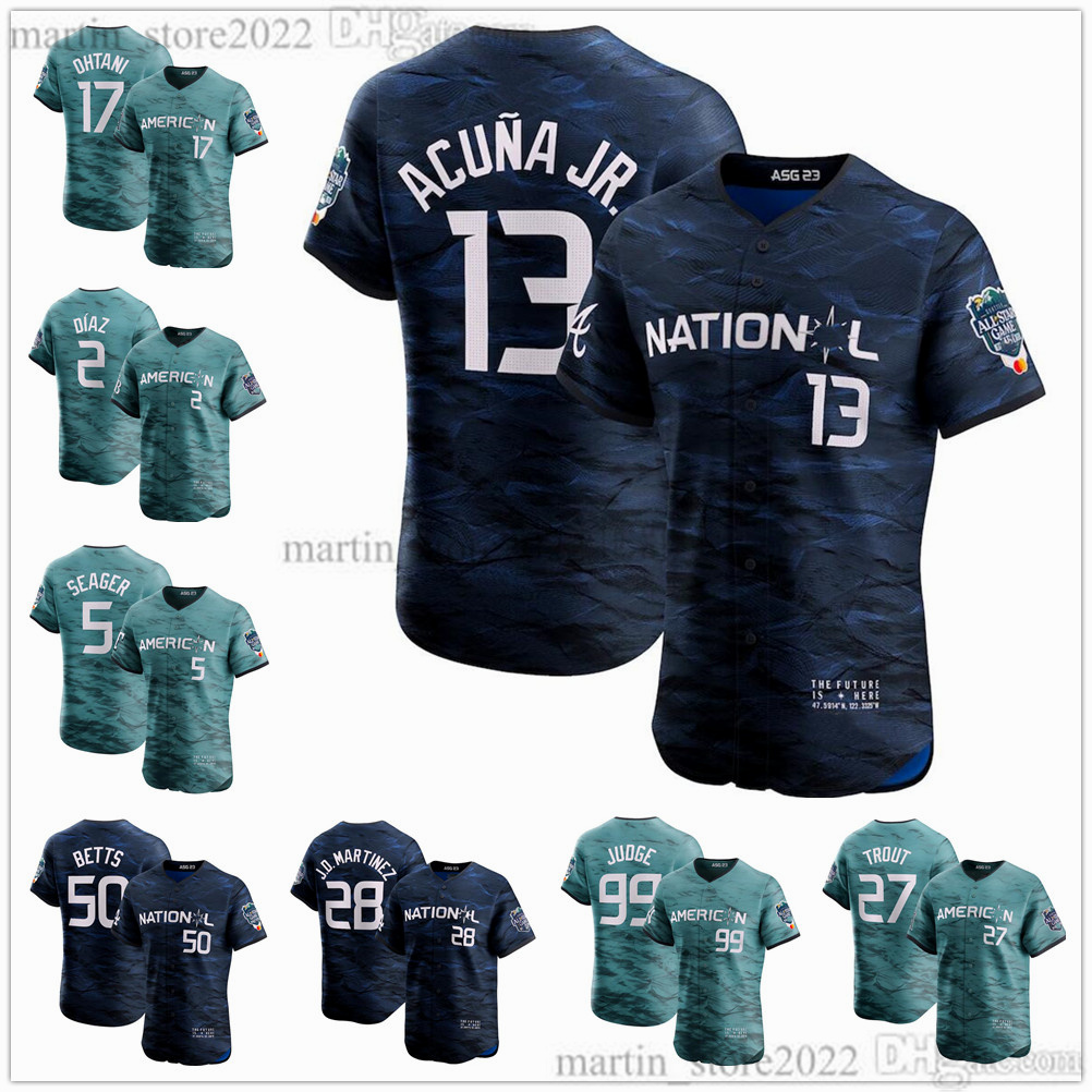 

2023 All-Star Baseball Jerseys Aaron Judge 17 Shohei Ohtani Mike Trout Yandy Diaz Marcus Semien Ken Griffey Corey Seager 13 Ronald Acuna Jr. Mookie Betts 28 Martinez, Teal