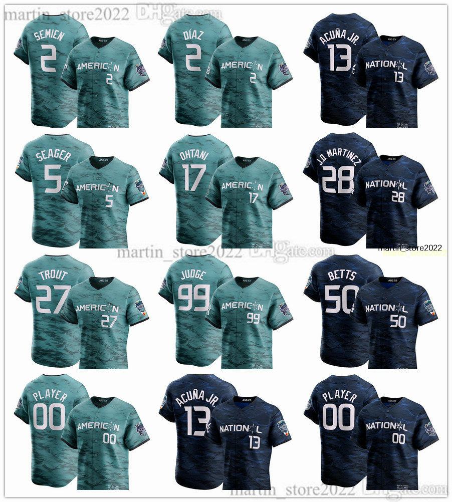 

2023 All-Star Baseball Jerseys 99 Aaron Judge 11 Rafael Devers 25 Byron Buxton 17 Shohei Ohtani 27 Mike Trout Marcus Semien 13 Ronald Acuna Jr. 50 Mookie Betts 28 Martinez, Cool base
