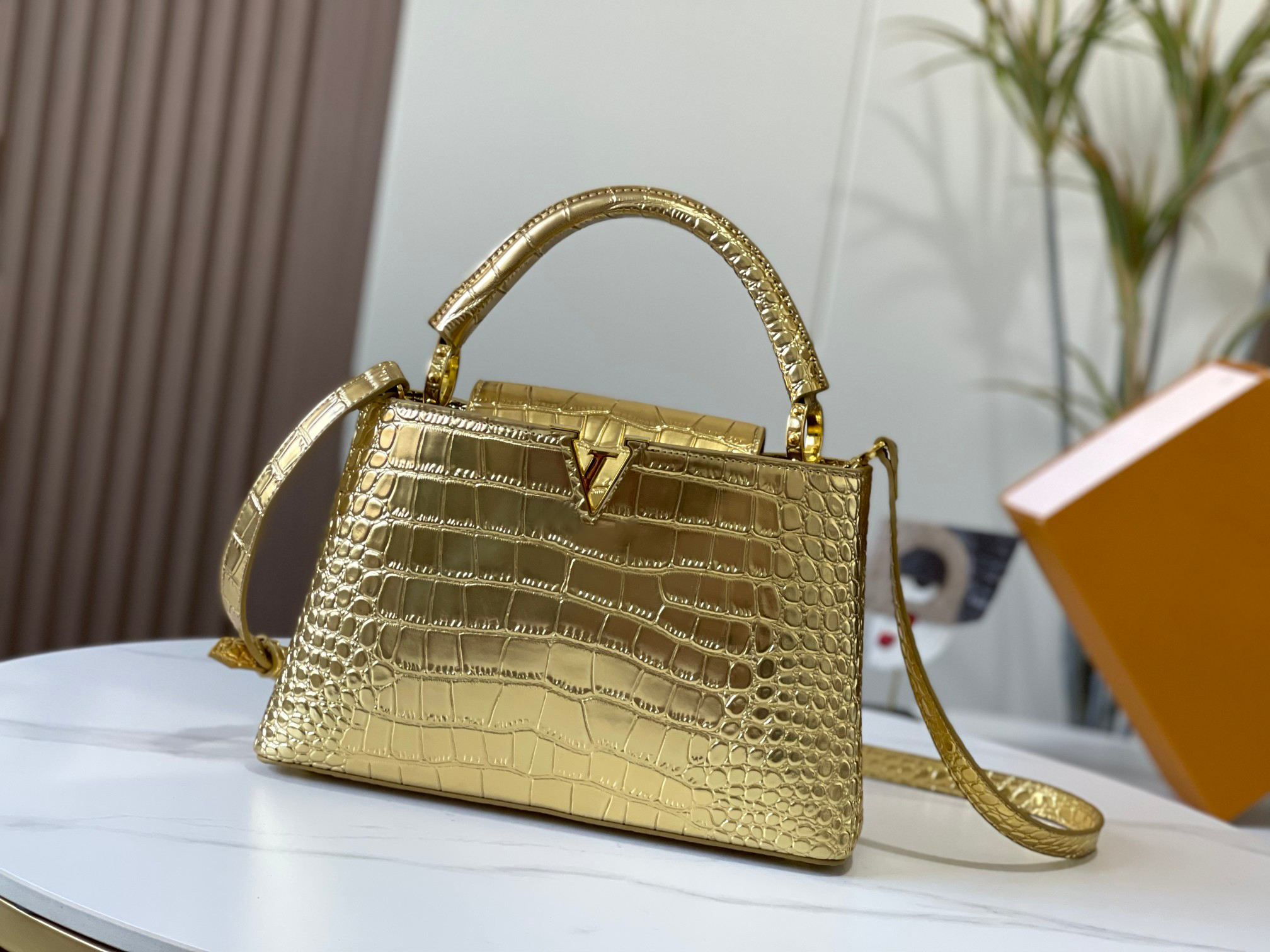 

Women Designer Shoulder Bags Jindian Luxury Tote Crocodile-Embossed Bright Leather Party Bag Fashion Versatile High-Quality Daily Storage Cosmetic Totes, Gold