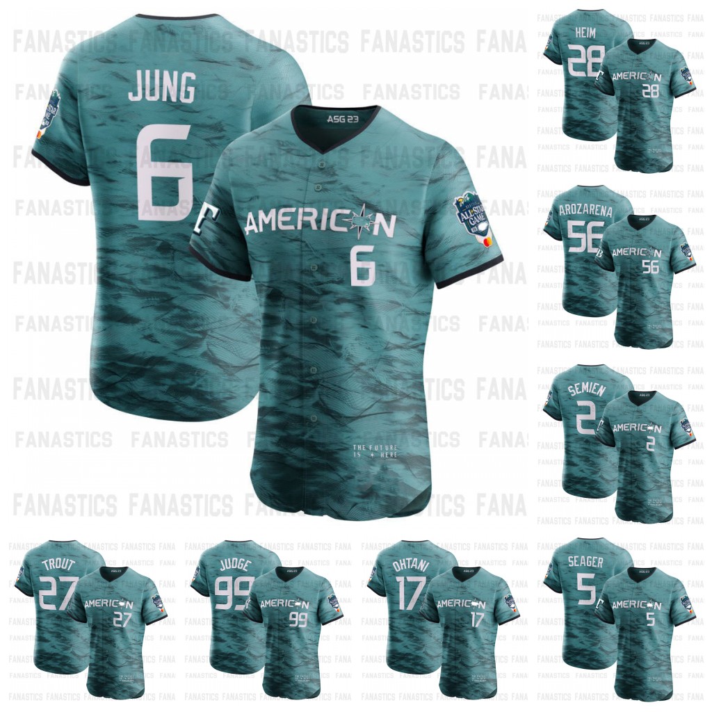 

2023 all star American League baseball Jersey Teal Marcus Semien Seager Josh Jung Shohei Ohtani Mike Trout Jonah Heim Randy Arozarena Aaron Judge, American mens s-3xl