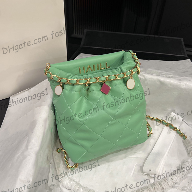 

23P Women Lambskin Gem Lucky Charm Bucket Shoulder Bag Classic Diamond Lattice Bracelet Clutch Totes Gold MetaL Hardware Matelasse Chain Crossbody Handbag 16X17CM, Box