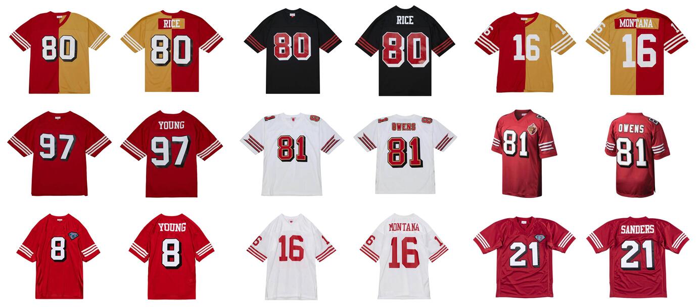 

Stitched football Jersey 80 Jerry Rice 42 Ronnie Lott 16 Joe Montana 21 Deion Sanders 32 Rickey Watters 8 Steve Young 97 Bryant Young Mitchell & Ness retro Rugby jerseys, Stitched jersey