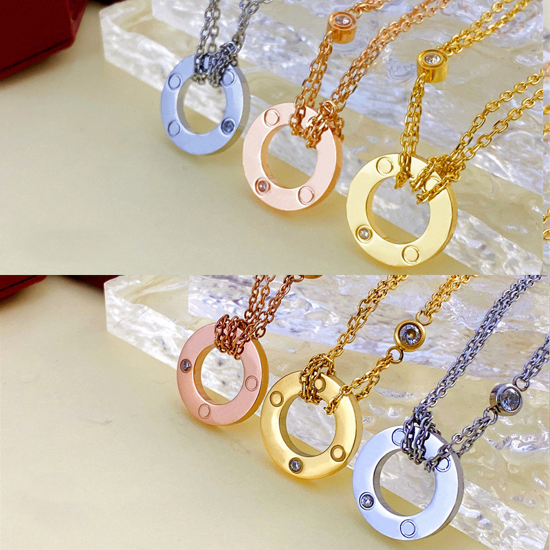 

women necklace carti Double Ring Full Diamond Necklace luxury double loop pendant with interlocking circles stainless steel clavicle chain necklaces designer