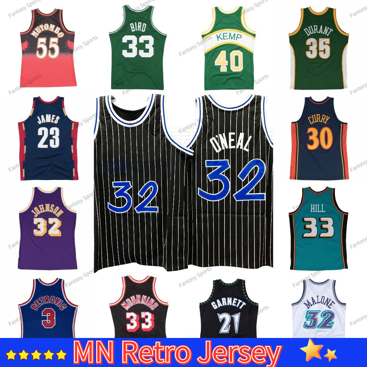 

MN Throwback Basketball Jersey Mutombo HILL Shaq Oneal Durant Carter Kemp Petrovic Johnson JAMES Ewing CURRY ERVING 33 Larry Bird Green Mens Retro shirt Fan gift, Stitched mens jersey