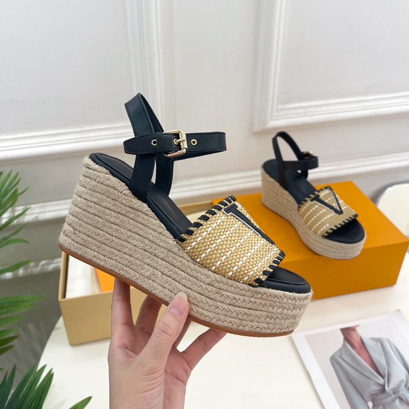 

Women Black Embroidered Cotton Wedge Sandals Crochet Platform Sandal Chunky Rope Sole Espadrille Lady Platforms Heel Wedgies