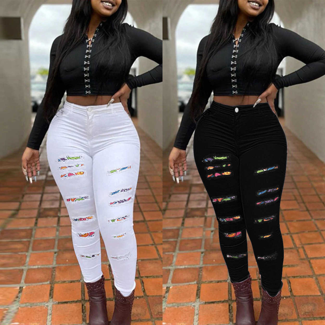 

Women's Jeans 2023 Fall/Winter New High Waist Ripped Stitched Jeans For Women Fashion Trendy Denim Pencil Pants Skinny Trousers S-2XL T230530, Light blue