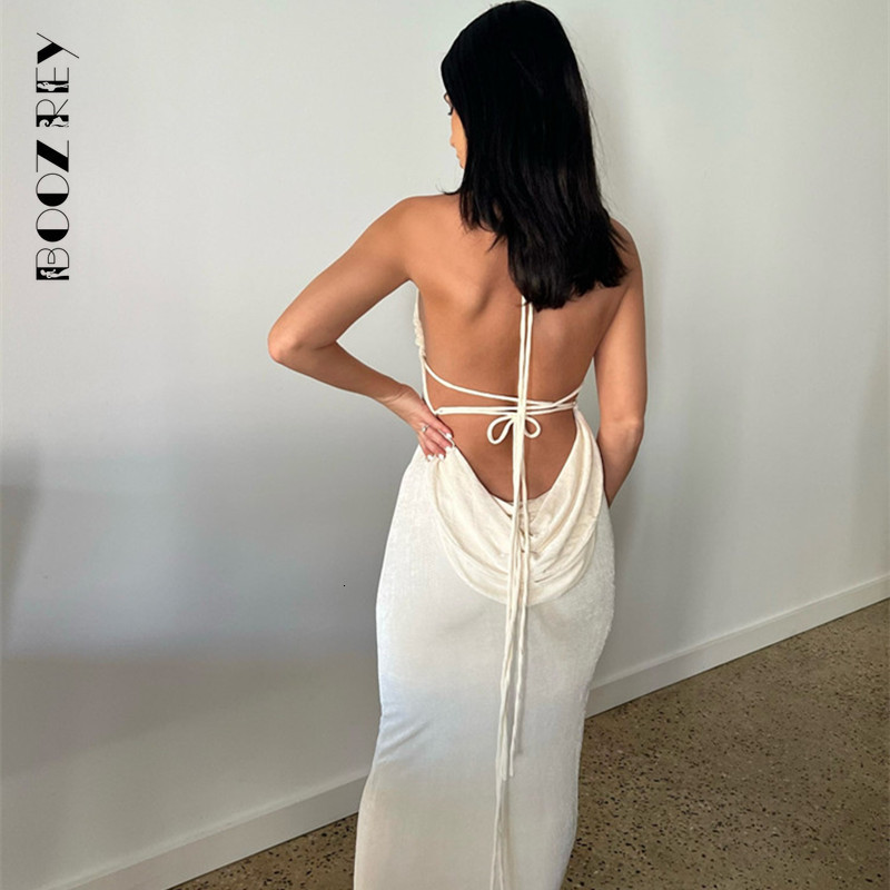 

Basic Casual Dresses BoozRey Elegant Fashion Halter Sexy Backless Draped Maxi Dres Summer Party Long Straps Shift Clothes 230701, Champagne