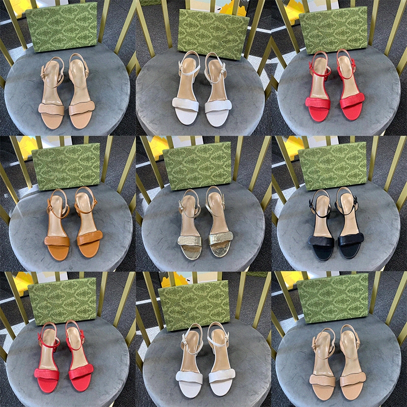 

Mid Leather Heel Ladies Sandals Slippers Designer Fashion Flats Ankle Buckle Rubber Sole Mules Summer Beach Sexy Wedding Shoes14kj#