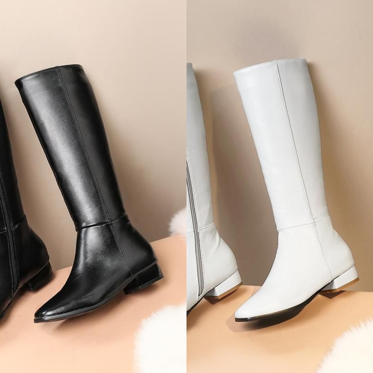 Vierkante top teen pu-kwaliteit lage hiel dij-hoge herfst winterzijde ritsje witte trend mode korte pluche knie laarzen met doos 83996 69151