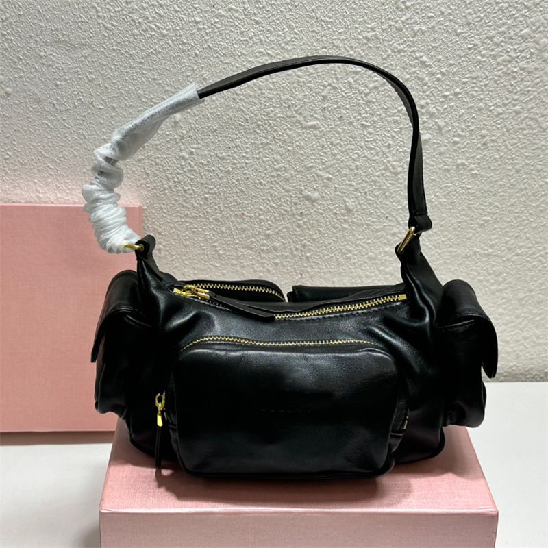 

Miu Women's Black Nappa Leather Pocket Bag miu White Yellow Cool Locomotive Underarm Bag 2023 Hobo Sheepskin Pocket Bag