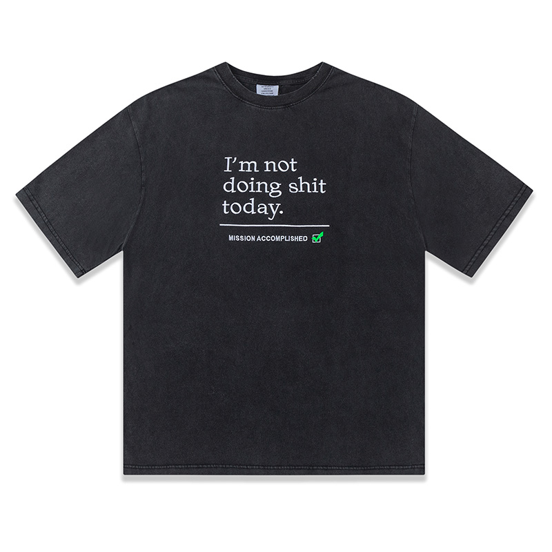 

23ss Europe UK Mission Accomplished Embroidery Washed T shirt High Street Tee Vintage Spring Summer Short Sleeve Skateboard Men Women Tshirt, Black
