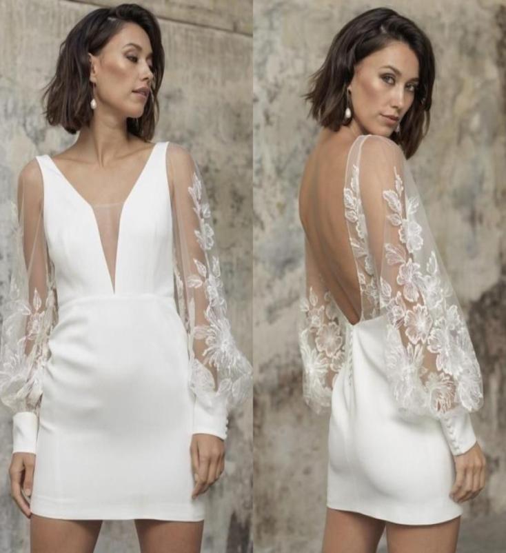 

Chic Short Wedding Dresses for Bride Second Reception Gowns Lace Long Sleeved Open Back Party vestido de novia7861052, Dark red