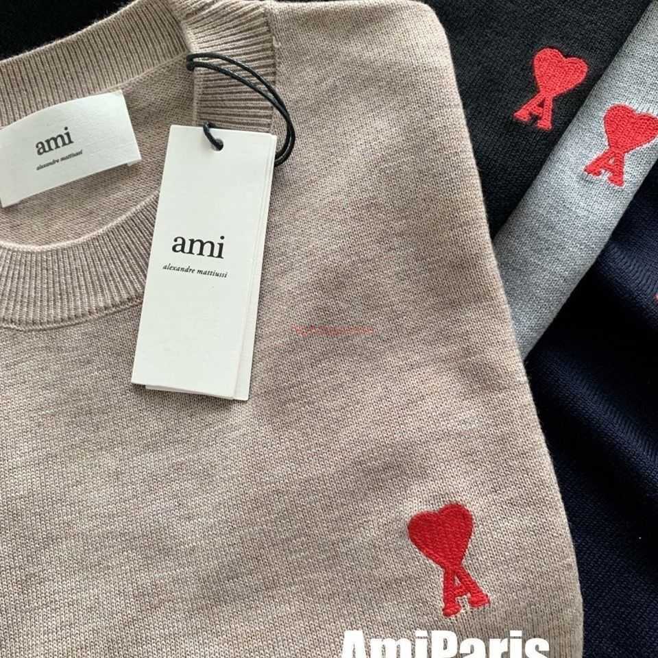 

Ami Designer Fashion Clothing Sweaters Autumn Winter New Ami Love Couple Sweater Women's Peach Heart a Embroidery Loose Solid Round Neck Wool Sweater Men Women 2029, Beige