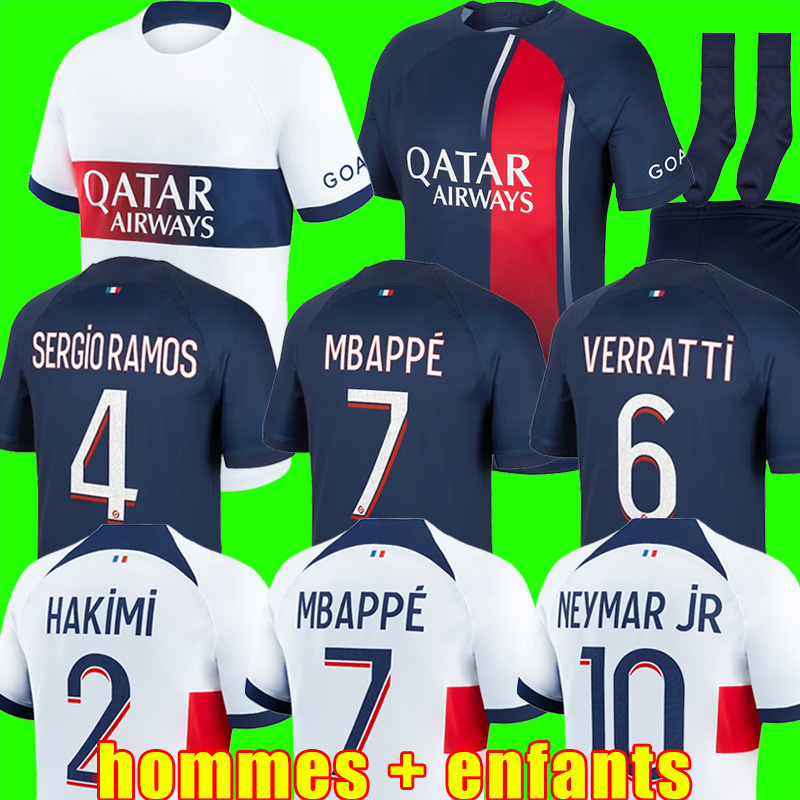 

MBAPPE HAKIMI pSGS soccer jerseys 23 24 SERGIO RAMOS Maillots de football 2023 2024 MARQUINHOS VERRATTI KIMPEMBE men kids kit shirt uniforms maillot foot away 25115, 23/24 kids home