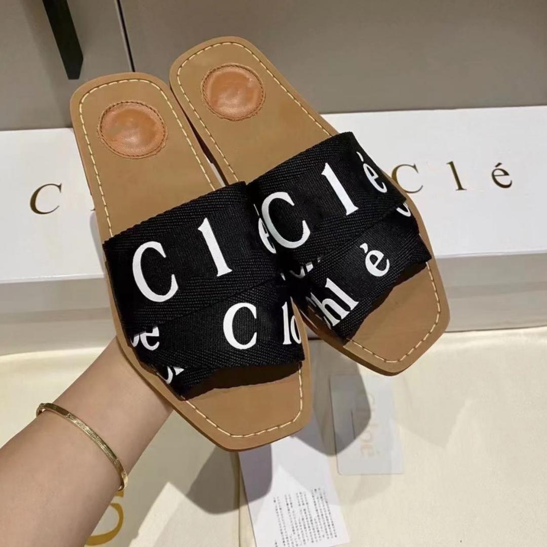 

Designer womens woody sandals flat mule slides beige white black pink lace lettering fabric canvas slippers summer home shoes women famous chloee sandles, 28