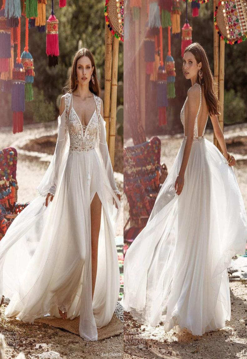 

Asaf Dadush 2020 Split Tassel Wedding Dresses With Wrap Spaghetti V Neck Lace Appliques Boho Bohemian Beads Wedding Dress Robes De3373984, Ivory